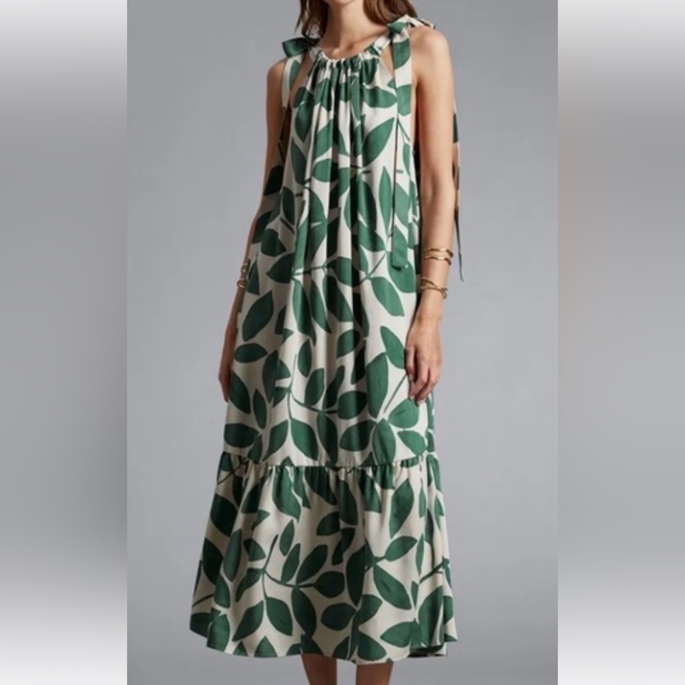 & Other Stories Green and Cream Leaf Print Halter Dress